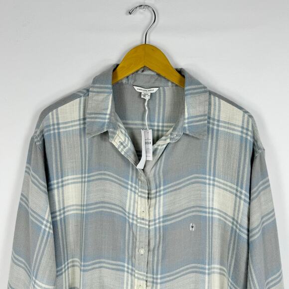American Eagle Womens Oversize Plaid Baby Doll Button Down Shirt Medium Gray - Picture 4 of 16